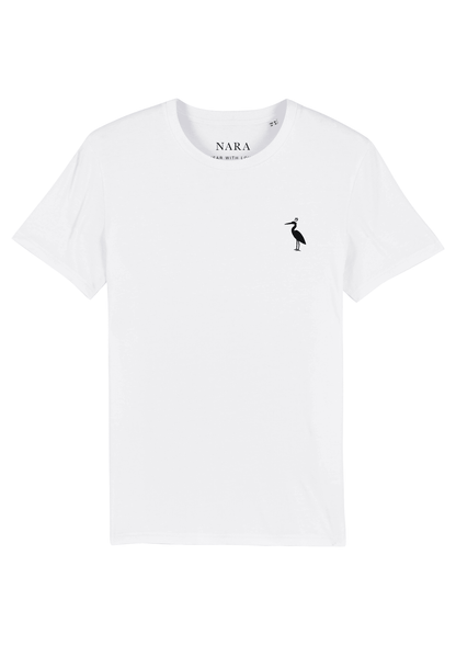 White Nara T-shirt with minimalistic design of a heron